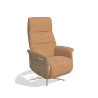 Recliner Atlas 6685 in Leather B401 (mustard), natural wood side panels, champagne metal base, angled view