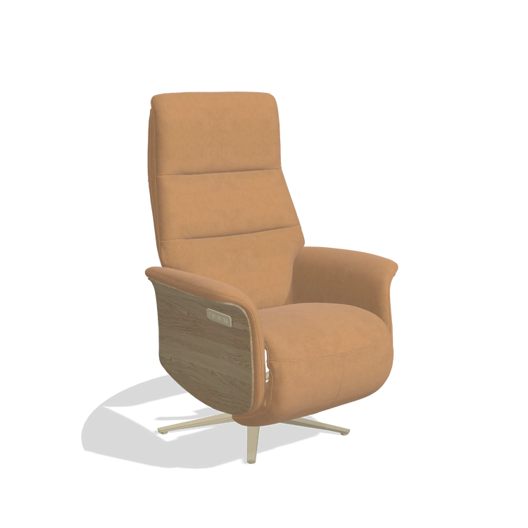 Recliner Atlas 6685 in Leather B401 (mustard), natural wood side panels, champagne metal base, angled view