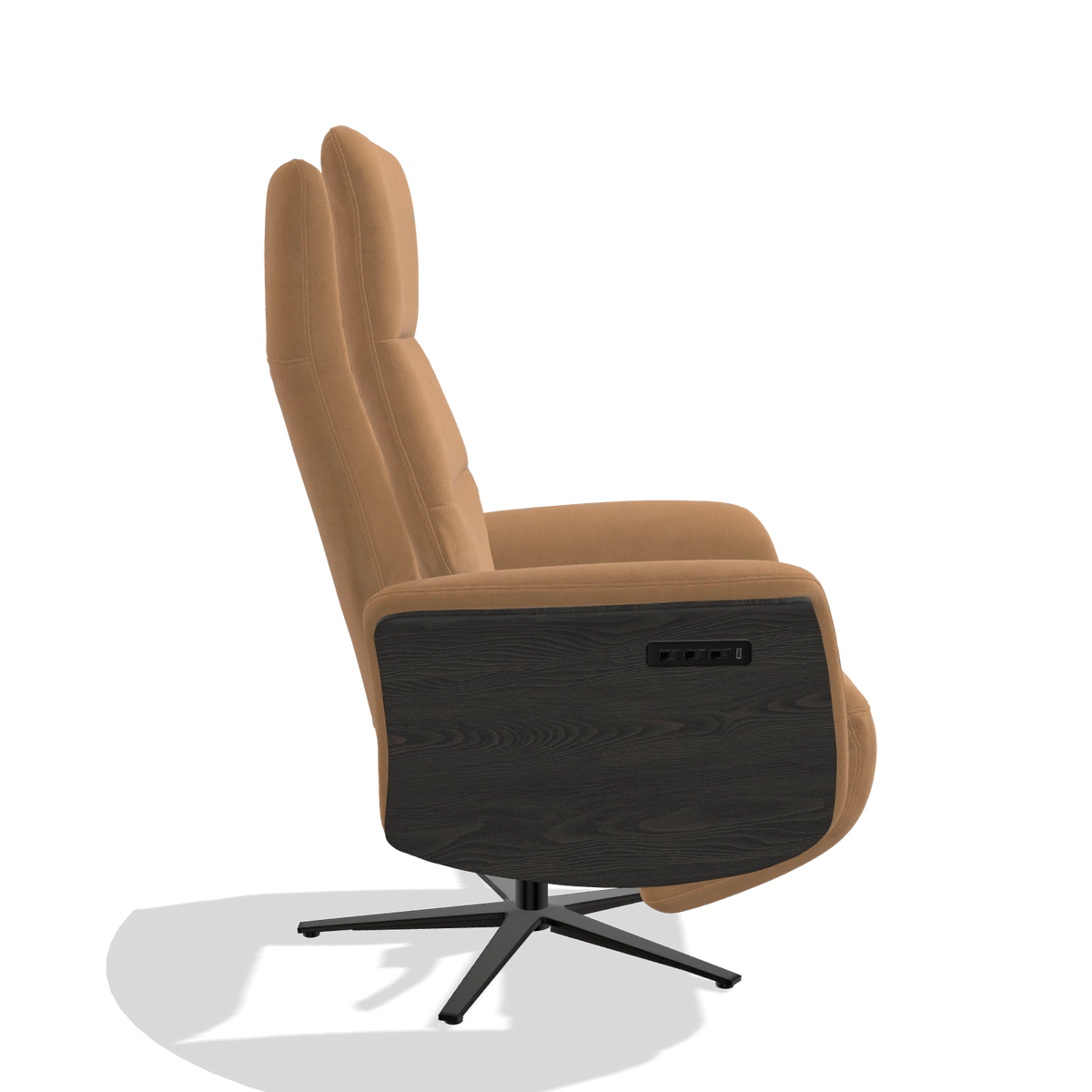 Recliner Atlas 6685 in Leather B401 (mustard), tobacco wood side panels, black metal base, side view