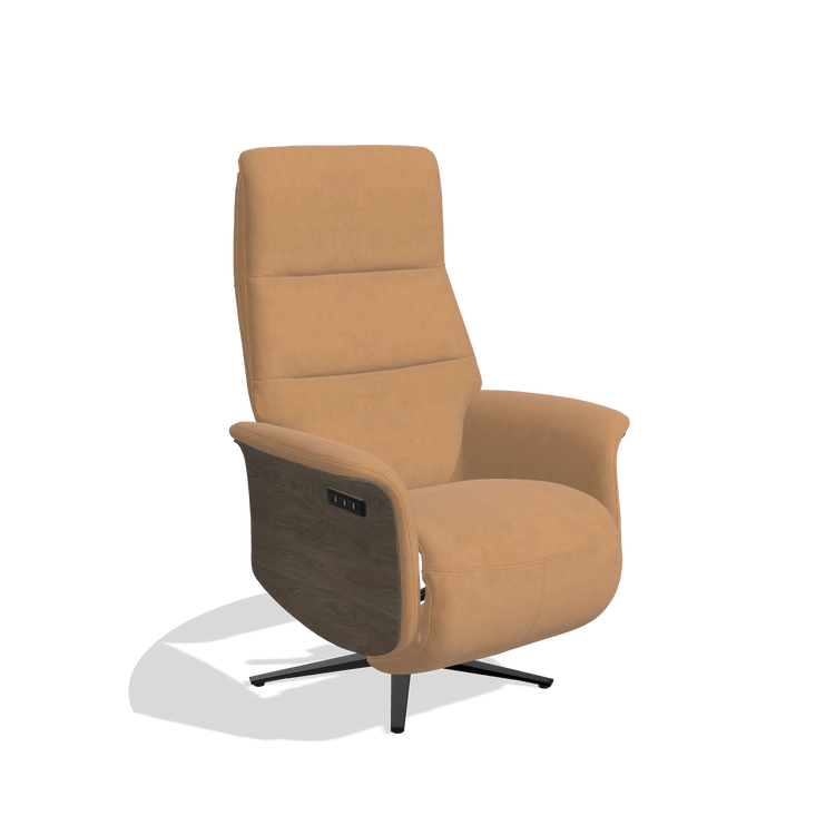 Recliner Atlas 6685 in Leather B401 (mustard), walnut wood side panels, black metal base, angled view