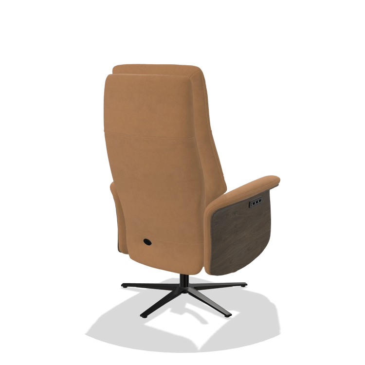 Recliner Atlas 6685 in Leather B401 (mustard), walnut wood side panels, black metal base, back angled view