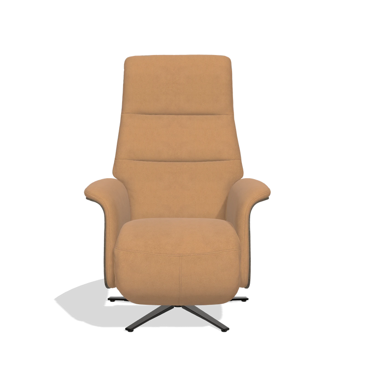 Recliner Atlas 6685 in Leather B401 (mustard), walnut wood side panels, black metal base, front view