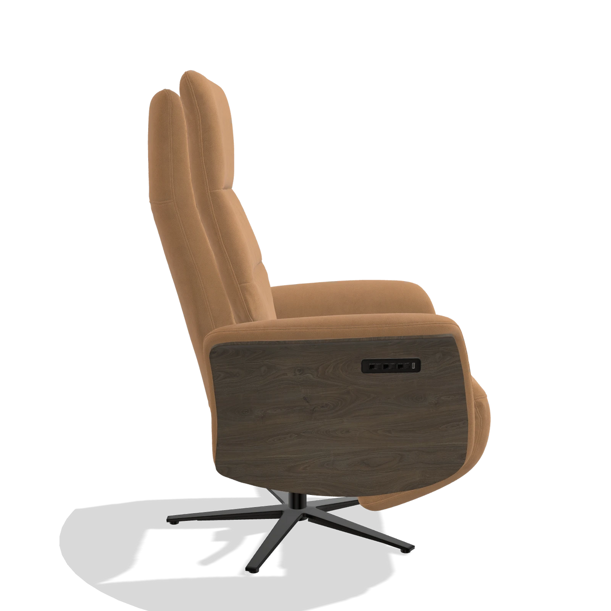 Recliner Atlas 6685 in Leather B401 (mustard), walnut wood side panels, black metal base, side view