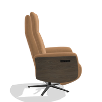 Recliner Atlas 6685 in Leather B401 (mustard), walnut wood side panels, black metal base, side view
