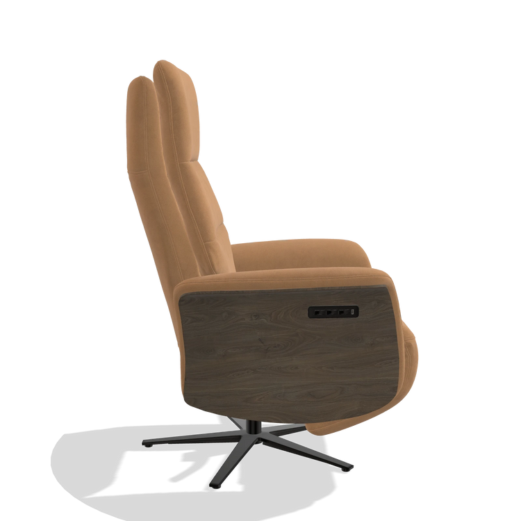 Recliner Atlas 6685 in Leather B401 (mustard), walnut wood side panels, black metal base, side view
