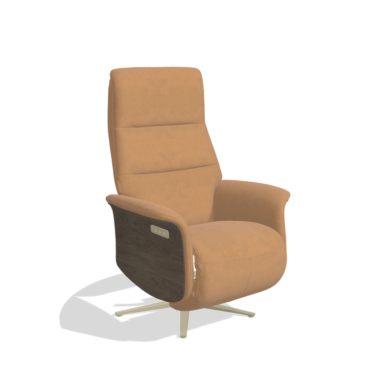 Recliner Atlas 6685 in Leather B401 (mustard), walnut wood side panels, champagne metal base, angled view