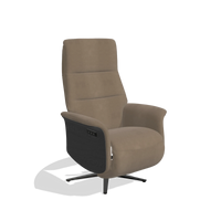 Recliner Atlas 6685 in Leather B402 (taupe), black wood side panels, black metal base, angled view