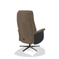Recliner Atlas 6685 in Leather B402 (taupe), black wood side panels, black metal base, back angled view