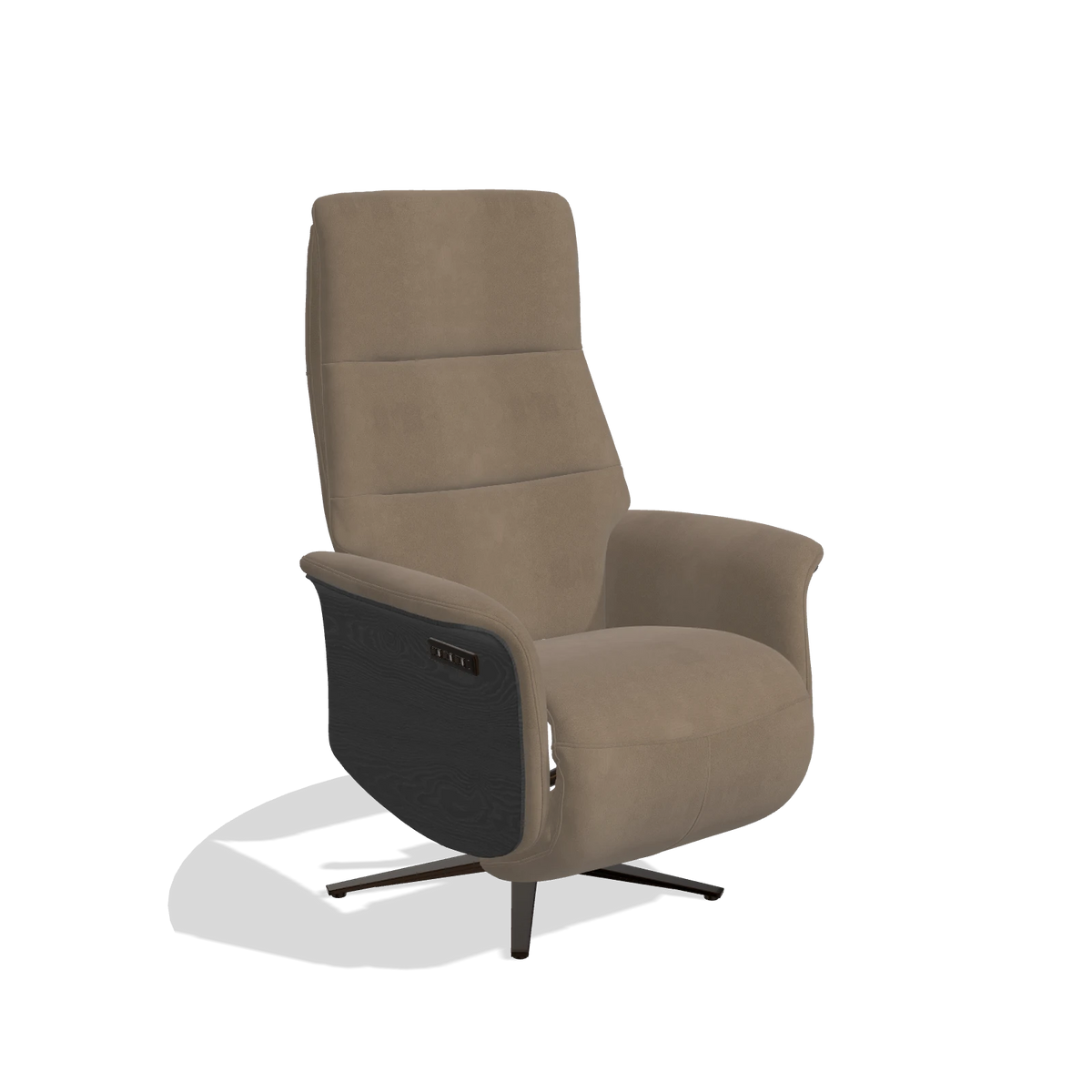 Recliner Atlas 6685 in Leather B402 (taupe), black wood side panels, espresso metal base, angled view