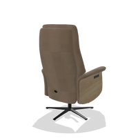 Recliner Atlas 6685 in Leather B402 (taupe), natural wood side panels, black metal base, back angled view