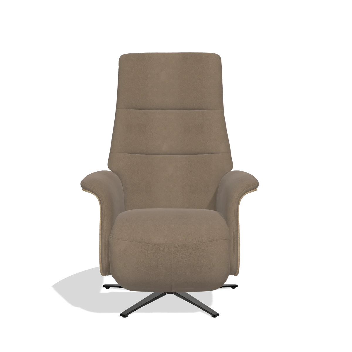 Recliner Atlas 6685 in Leather B402 (taupe), natural wood side panels, black metal base, front view