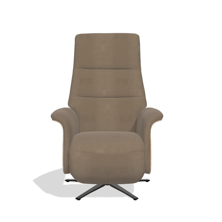 Recliner Atlas 6685 in Leather B402 (taupe), natural wood side panels, black metal base, front view