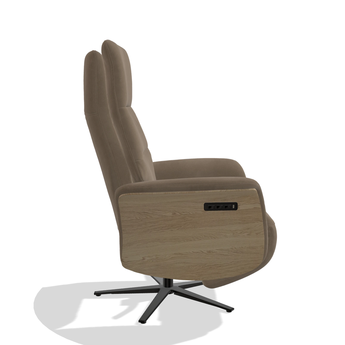 Recliner Atlas 6685 in Leather B402 (taupe), natural wood side panels, black metal base, side view