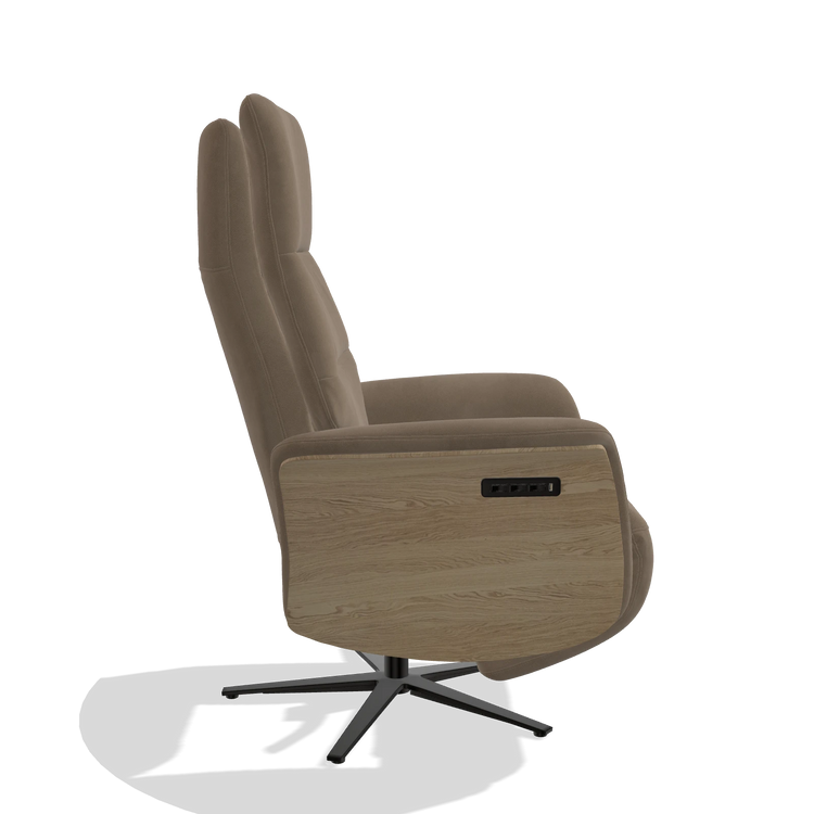 Recliner Atlas 6685 in Leather B402 (taupe), natural wood side panels, black metal base, side view