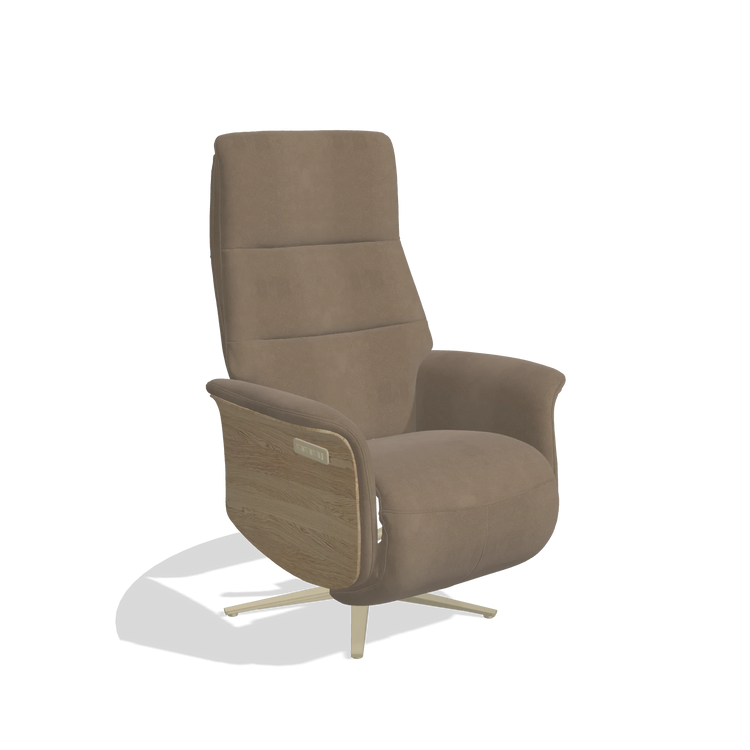 Recliner Atlas 6685 in Leather B402 (taupe), natural wood side panels, champagne metal base, angled view