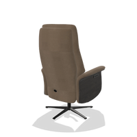 Recliner Atlas 6685 in Leather B402 (taupe), tobacco wood side panels, black metal base, back angled view
