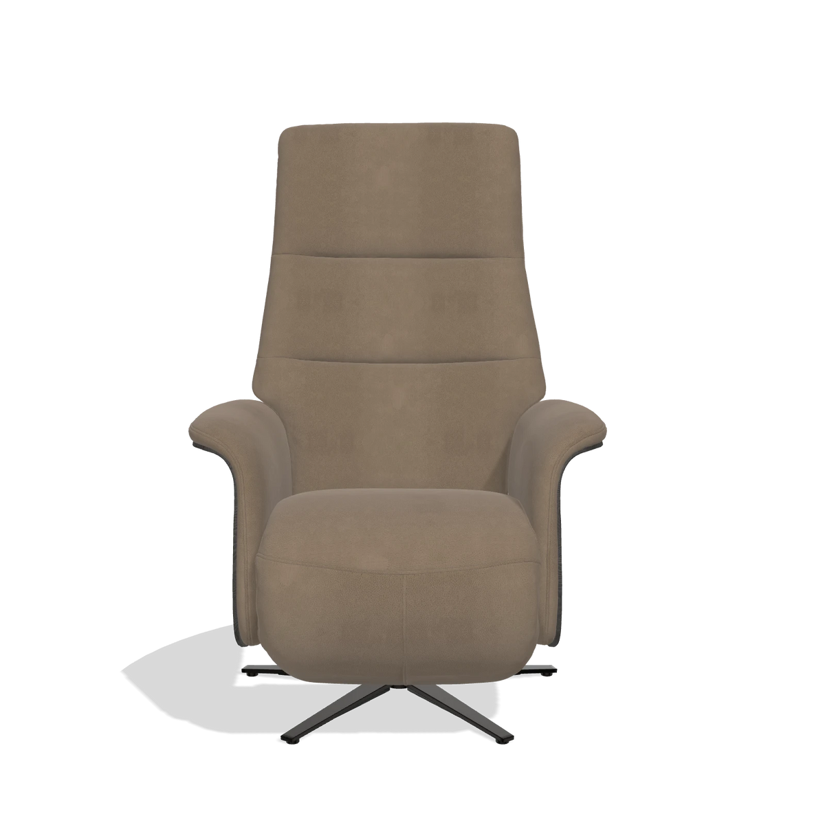 Recliner Atlas 6685 in Leather B402 (taupe), tobacco wood side panels, black metal base, front view