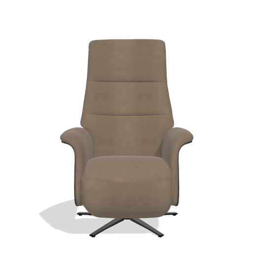 Sillón reclinable Atlas 6685 en Piel B402 (topo), paneles laterales de madera en tabaco, base metálica en negro, vista frontal