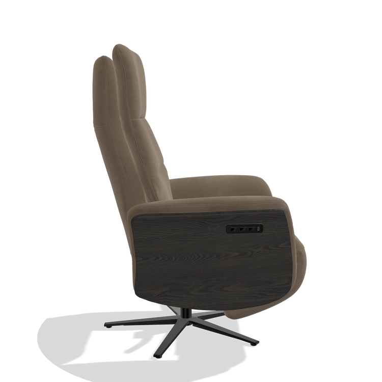 Recliner Atlas 6685 in Leather B402 (taupe), tobacco wood side panels, black metal base, side view