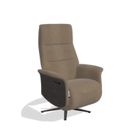 Recliner Atlas 6685 in Leather B402 (taupe), tobacco wood side panels, espresso metal base, angled view