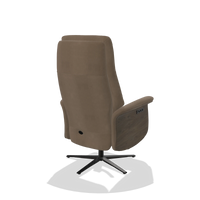 Recliner Atlas 6685 in Leather B402 (taupe), walnut wood side panels, black metal base, back angled view