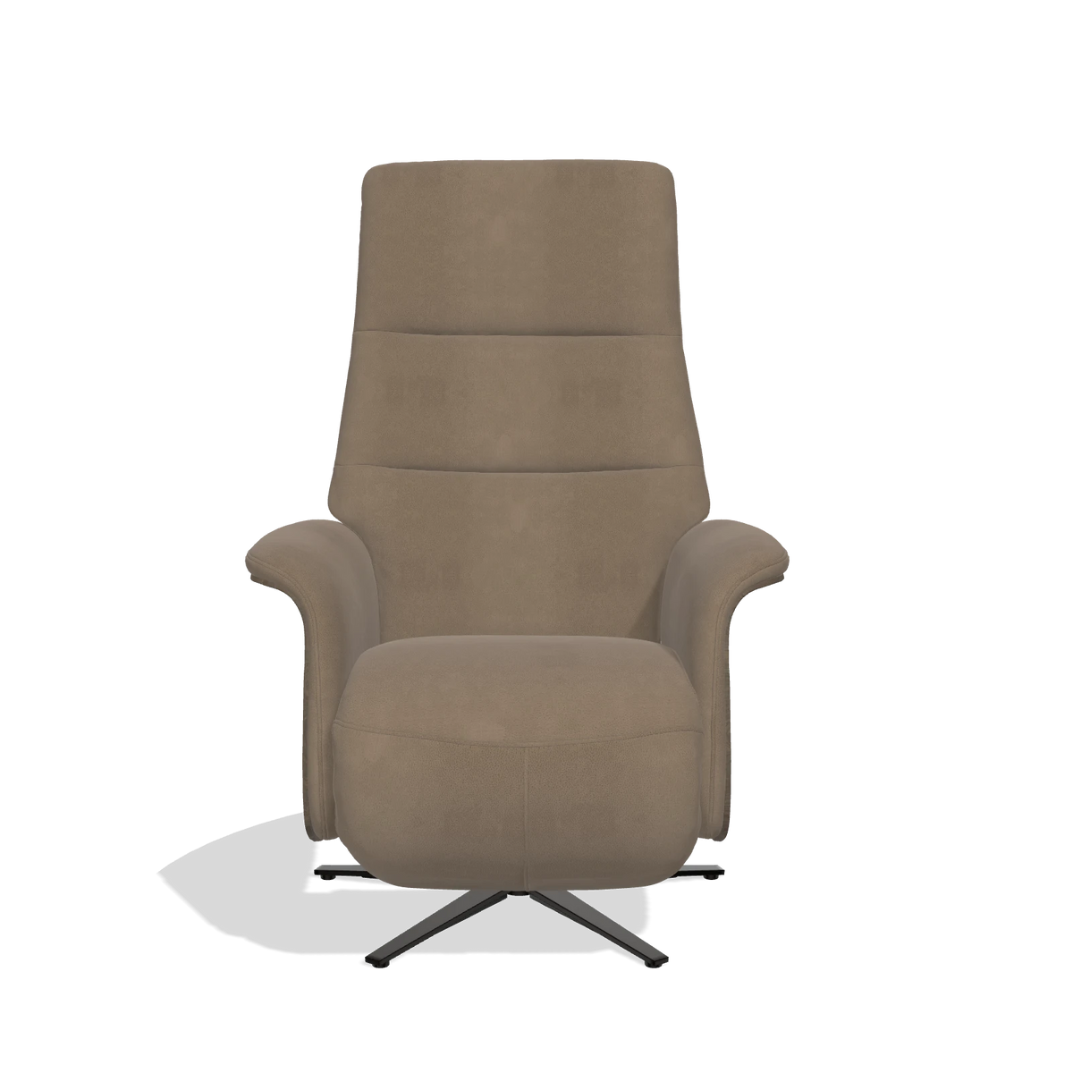 Recliner Atlas 6685 in Leather B402 (taupe), walnut wood side panels, black metal base, front view