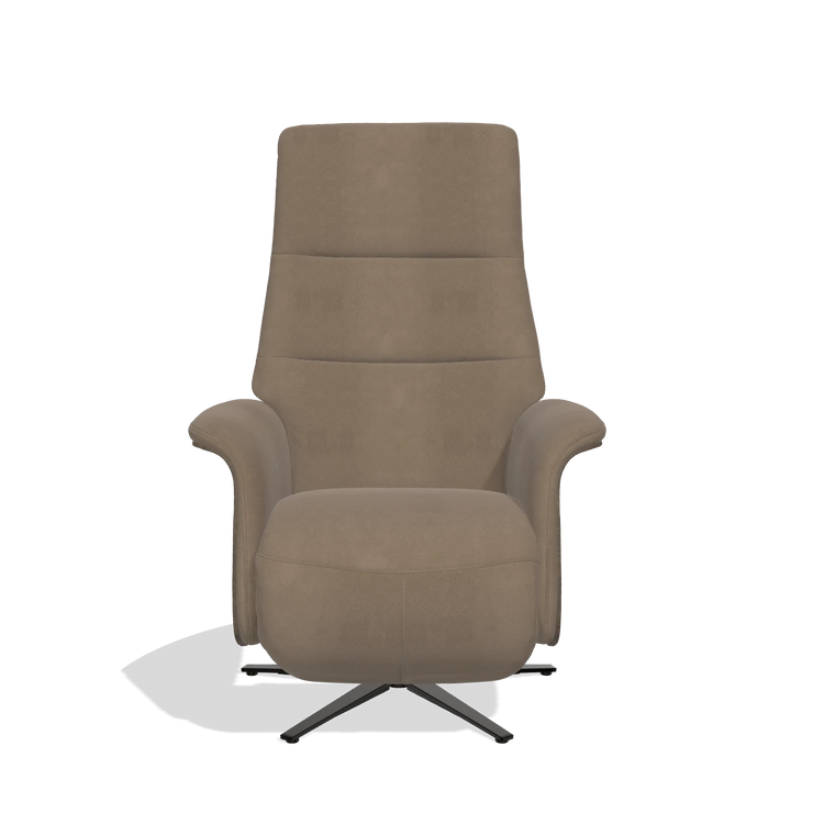 Recliner Atlas 6685 in Leather B402 (taupe), walnut wood side panels, black metal base, front view