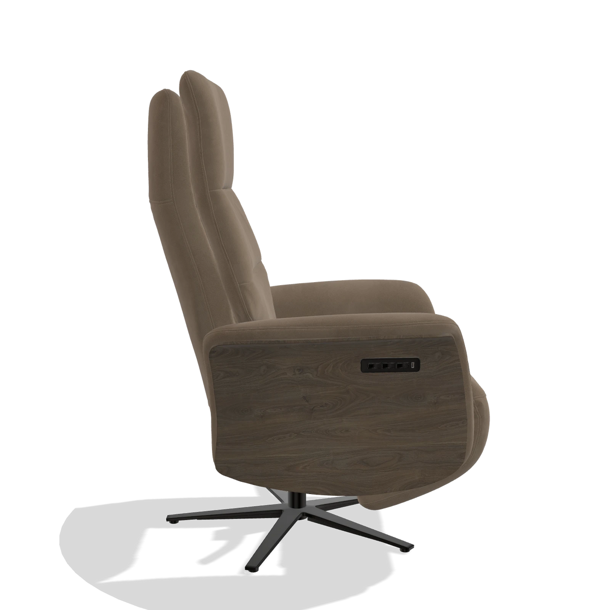 Recliner Atlas 6685 in Leather B402 (taupe), walnut wood side panels, black metal base, side view