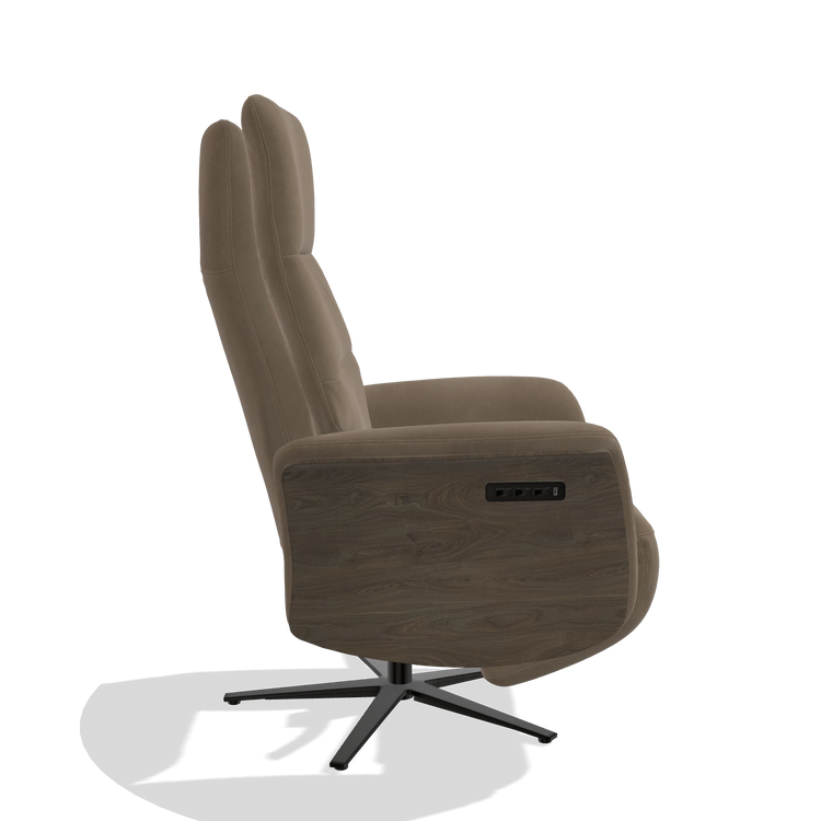 Recliner Atlas 6685 in Leather B402 (taupe), walnut wood side panels, black metal base, side view