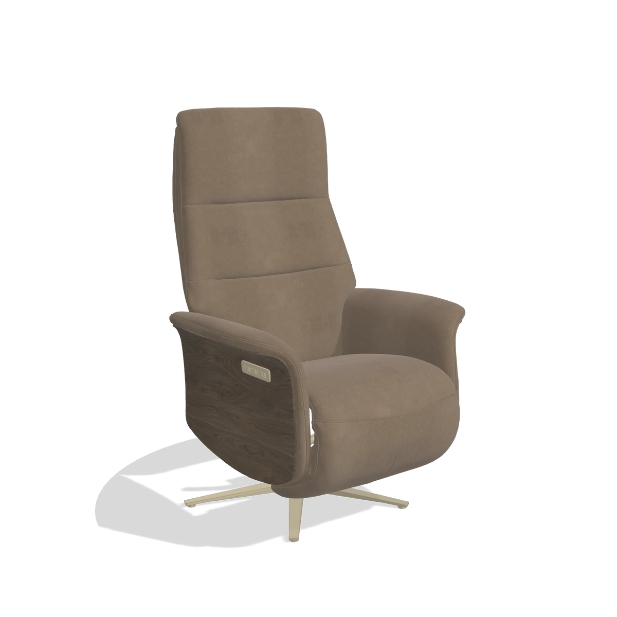 Recliner Atlas 6685 in Leather B402 (taupe), walnut wood side panels, champagne metal base, angled view