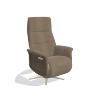 Recliner Atlas 6685 in Leather B402 (taupe), walnut wood side panels, champagne metal base, angled view