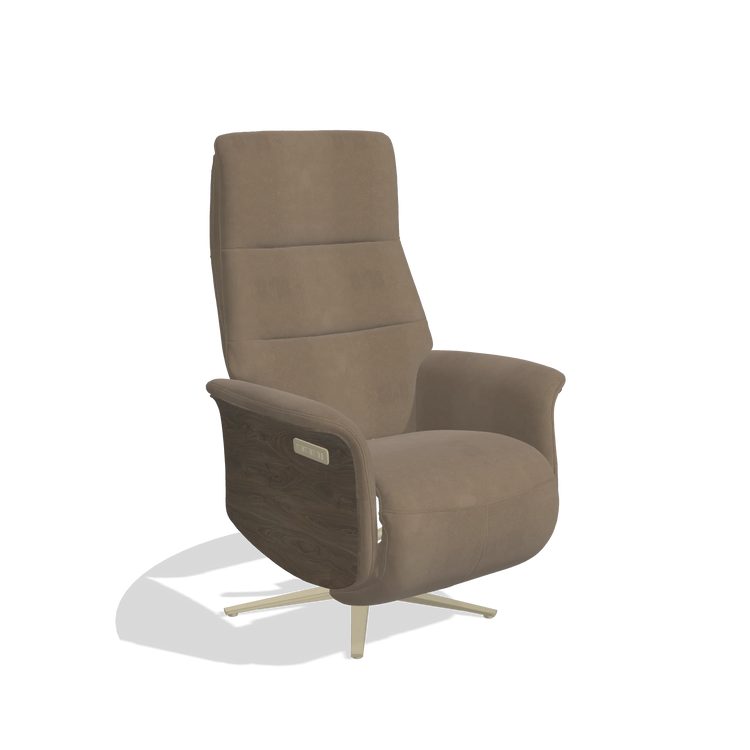 Recliner Atlas 6685 in Leather B402 (taupe), walnut wood side panels, champagne metal base, angled view
