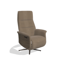 Recliner Atlas 6685 in Leather B402 (taupe), walnut wood side panels, espresso metal base, angled view
