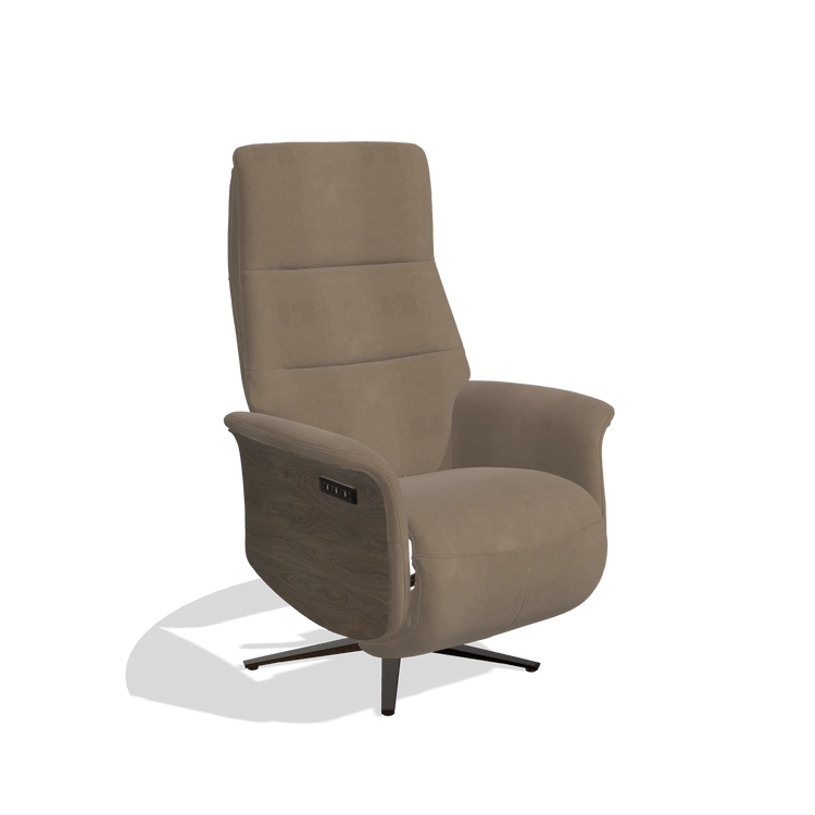 Recliner Atlas 6685 in Leather B402 (taupe), walnut wood side panels, espresso metal base, angled view
