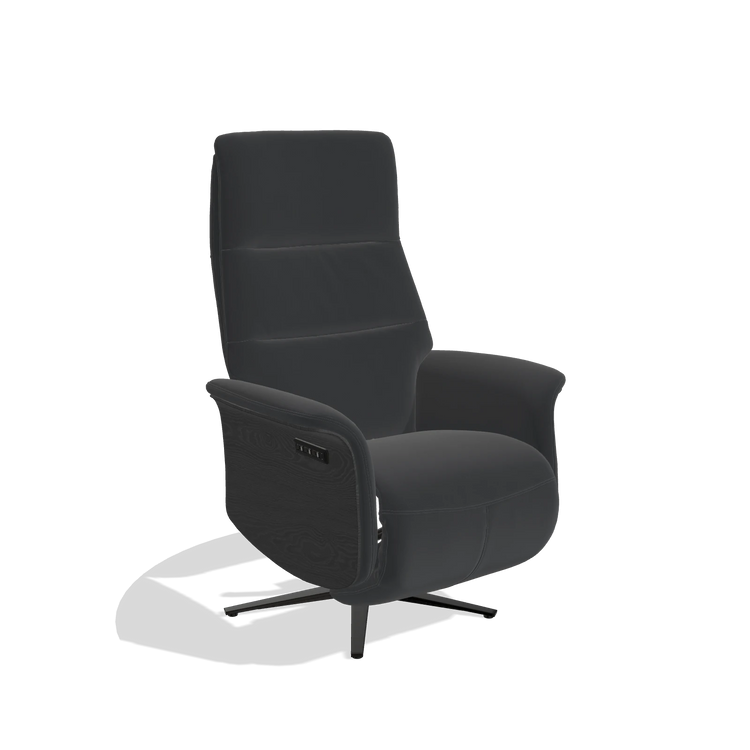Recliner Atlas 6685 in Leather B500 (black), black wood side panels, black metal base, angled view