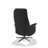 Recliner Atlas 6685 in Leather B500 (black), black wood side panels, black metal base, back angled view