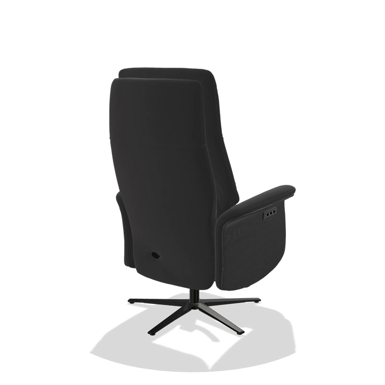 Recliner Atlas 6685 in Leather B500 (black), black wood side panels, black metal base, back angled view