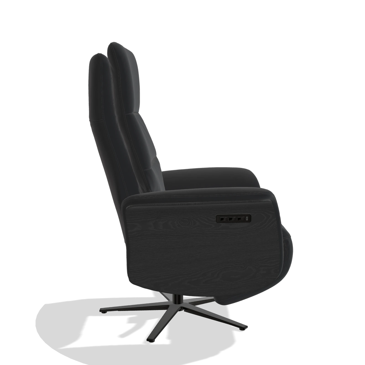 Recliner Atlas 6685 in Leather B500 (black), black wood side panels, black metal base, side view