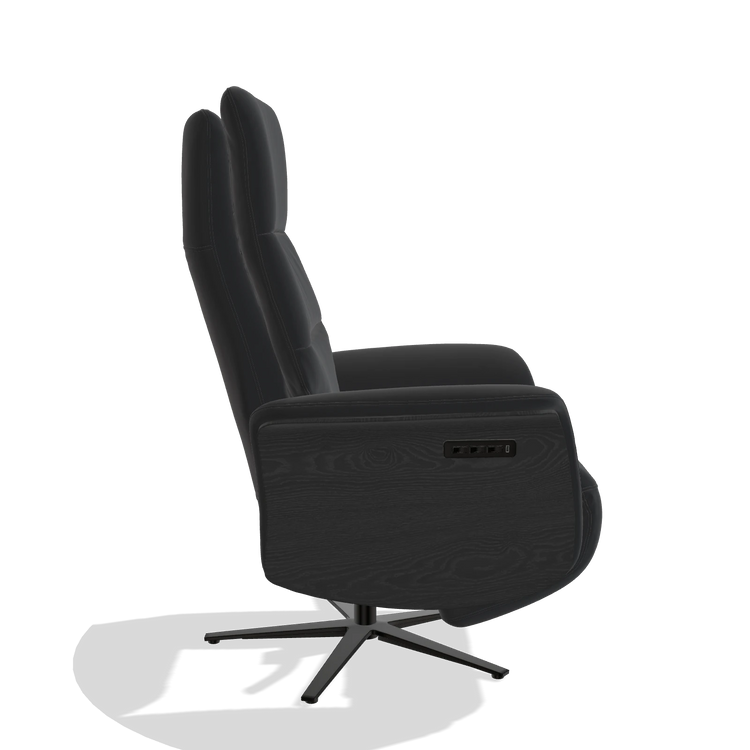 Recliner Atlas 6685 in Leather B500 (black), black wood side panels, black metal base, side view
