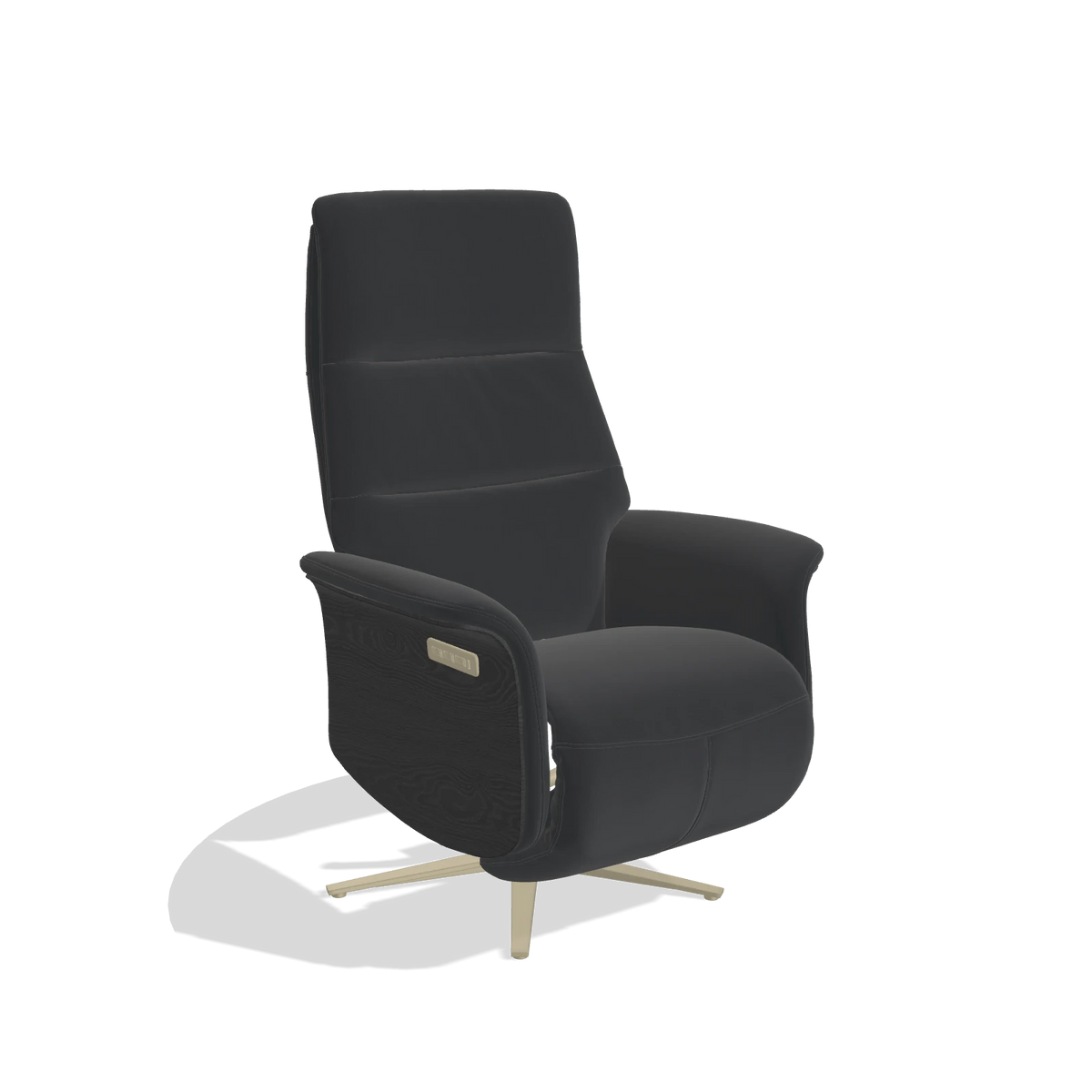 Recliner Atlas 6685 in Leather B500 (black), black wood side panels, champagne metal base, angled view