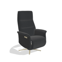 Recliner Atlas 6685 in Leather B500 (black), black wood side panels, champagne metal base, angled view