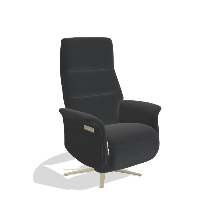 Recliner Atlas 6685 in Leather B500 (black), black wood side panels, champagne metal base, angled view