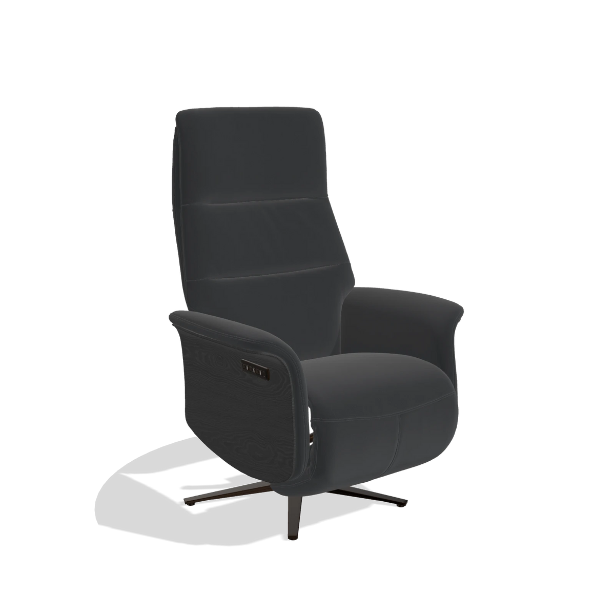 Recliner Atlas 6685 in Leather B500 (black), black wood side panels, espresso metal base, angled view