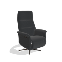 Recliner Atlas 6685 in Leather B500 (black), black wood side panels, espresso metal base, angled view