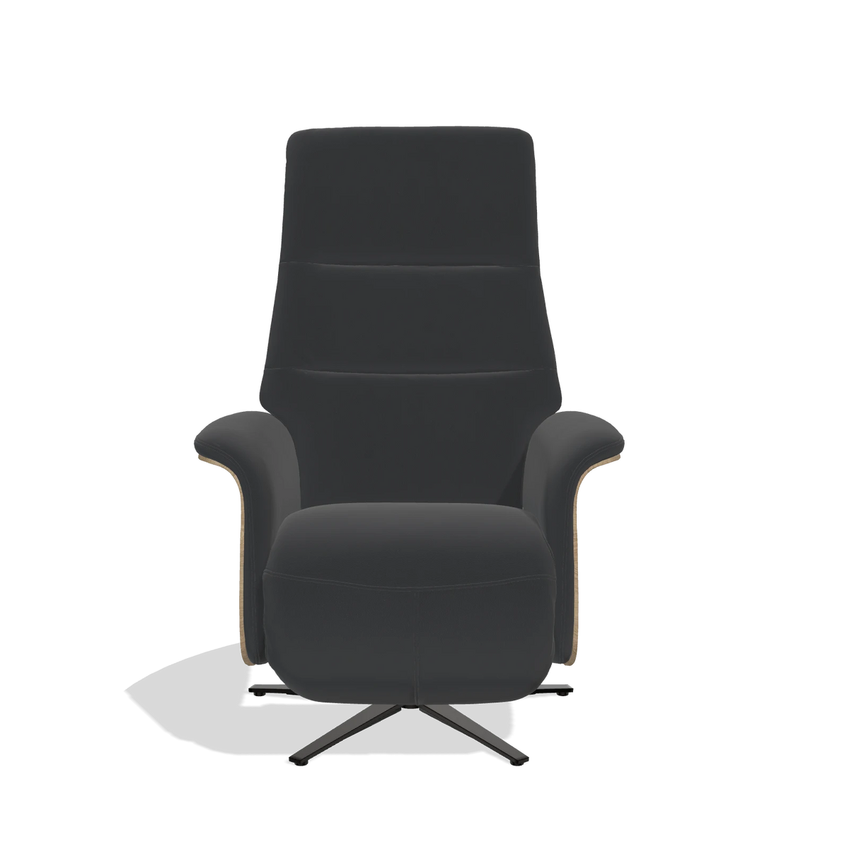 Recliner Atlas 6685 in Leather B500 (black), natural wood side panels, black metal base, front view