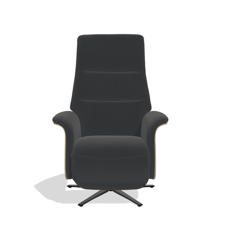 Recliner Atlas 6685 in Leather B500 (black), natural wood side panels, black metal base, front view