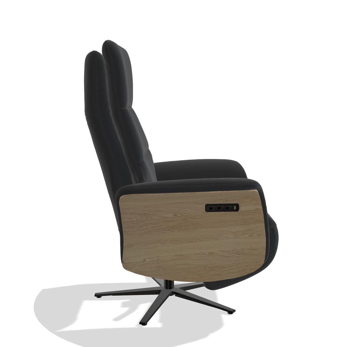 Recliner Atlas 6685 in Leather B500 (black), natural wood side panels, black metal base, side view
