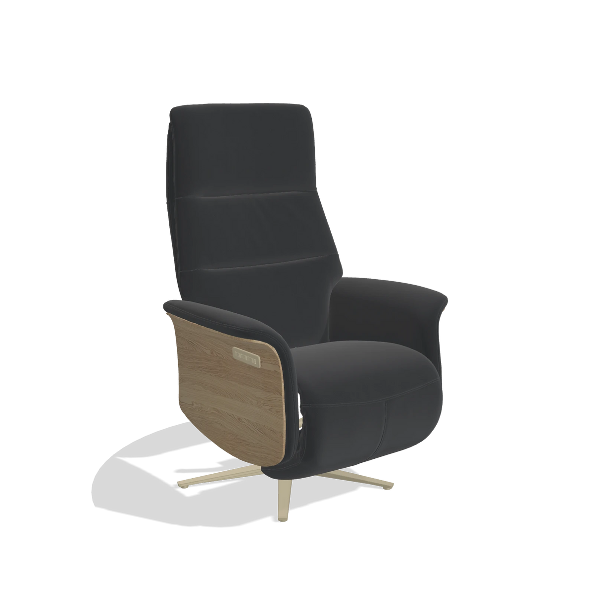 Recliner Atlas 6685 in Leather B500 (black), natural wood side panels, champagne metal base, angled view