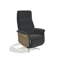 Recliner Atlas 6685 in Leather B500 (black), natural wood side panels, champagne metal base, angled view