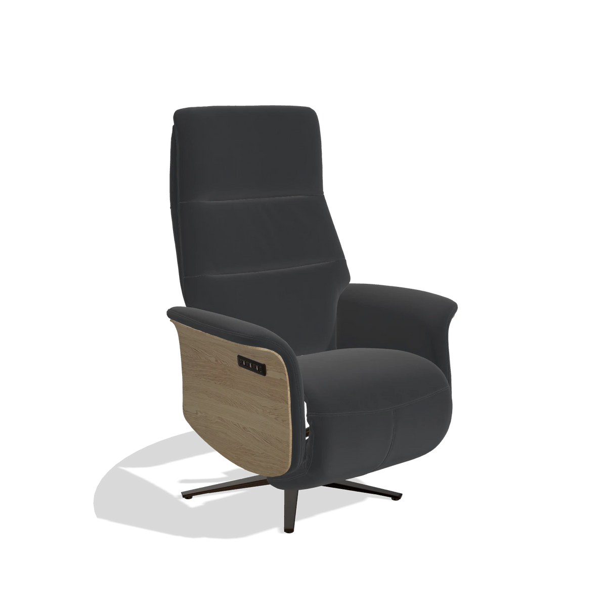 Recliner Atlas 6685 in Leather B500 (black), natural wood side panels, espresso metal base, angled view